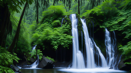 Breathtaking waterfall cascading through a lush forest. Generative AI