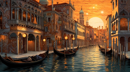 Illustration of the beautiful city of Venice. City of gondoliers, bridges, carnivals and love. Italy