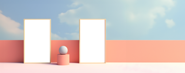 Blank empty Photo frame with transparent cutout on pastel colourful background, PNG file. Mockup template for artwork design. Copy text space. 3D rendering