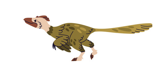 Bambiraptor, feathered dinosaur. Prehistoric ancient winged dino with beak and tail. Big large extinct animal of prehistory Jurassic period. Flat vector illustration isolated on white background