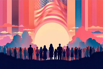 People from all walks of life standing in front of the US America flag. Abstract illustration. Generative AI