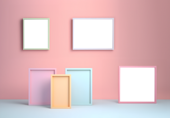 Blank empty Photo frame with transparent cutout on pastel colourful background, PNG file. Mockup template for artwork design. Copy text space. 3D rendering