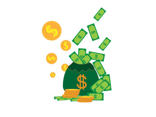 vector sack of money dollars and gold coins scattering, economy, money, dollars, investment, government, bank, trading
