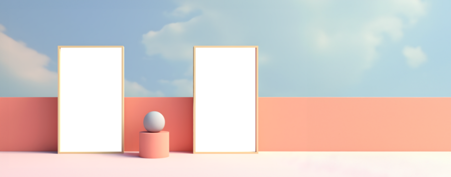 Blank empty Photo frame with transparent cutout on pastel colourful background, PNG file. Mockup template for artwork design. Copy text space. 3D rendering