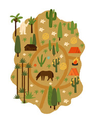 South national park vector fantasy map, a wild west camping map. Touristic tents, a bonfire, a ranger house, a cute yeti