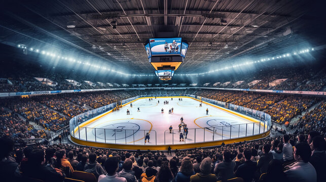 hockey stadium with fans crowd and an empty ice rink. Generative Ai