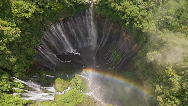 Aerial view of Tumpak Sewu waterfall. Java Island, Indonesia