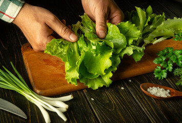 Cooking vegetarian food in the kitchen with lettuce leaves and onions. Male hands sort lettuce leaves on a cutting kitchen board
