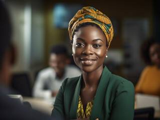 Fototapeta young woman with captivating, radiant features, representing African heritage, aged 32, confidently leading a team meeting in a modern office space, image created using artificial intelligence obraz