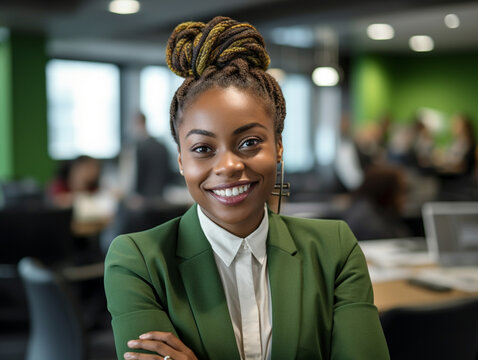 young woman with captivating, radiant features, representing African heritage, aged 32, confidently leading a team meeting in a modern office space, image created using artificial intelligence