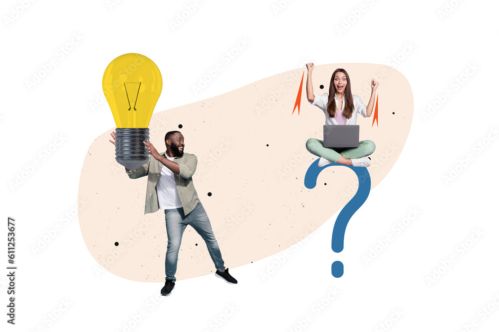 Poster creative collage of two mini people hold big light bulb sit question mark use netbook raise fists is