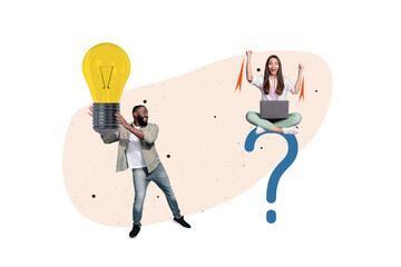 Creative collage of two mini people hold big light bulb sit question mark use netbook raise fists...