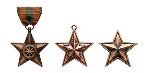 Concept of bronze medals in the shape of a star on an isolated background. Concept of honor and achievement.