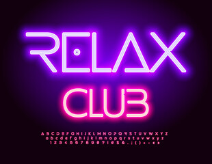 Vector modern Emblem Relax Club. Bright Glowing Font. Creative Neon Alphabet Letters, Numbers and Symbols set