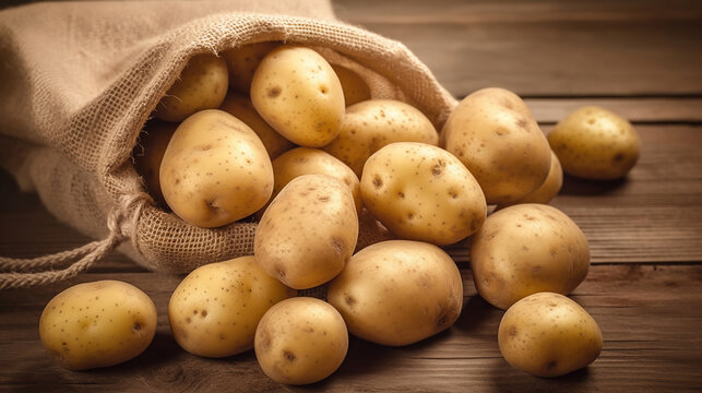 Raw potato food. Fresh potatoes in an old sack on wooden background. Top view. Generative Ai