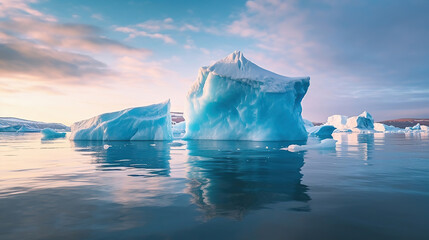 Icebergs floating. Ices and icebergs. Glacier lagoon. Greenland iceberg. Generative Ai