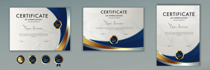 Template Certificate Diploma achievement scroll elegant luxury editable blue and gold.Abstract guilloche watermark background.Printing. Graduation - award - honor - Gift certificate