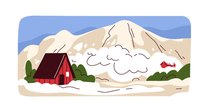 Snow avalanche from mountain in winter. Natural disaster, cold nature landscape. Snowslide cataclysm, dangerous calamity, devastation, destruction at wintertime. Flat vector illustration
