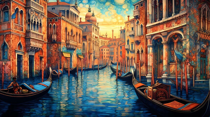 Illustration of the beautiful city of Venice. City of gondoliers, bridges, carnivals and love. Italy - obrazy, fototapety, plakaty
