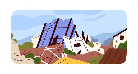 Earthquake consequence. Destroyed ruined buildings. Shattered smashed crashed city landscape, destruction after natural disaster. Cityscape, cataclysm, catastrophe aftermath. Flat vector illustration - obrazy, fototapety, plakaty