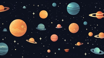 Vektor diatur pada tema ruang. Planet berwarna, Bumi, asteroid dan meteorit