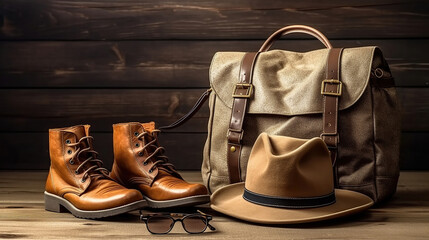 Men's fashion with brown boots, bag, hat, belt and sunglasses on wooden table over wall background. Generative Ai