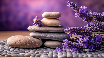 Fototapeta na wymiar Spa still life with stack of stones and lavenders. Generative Ai
