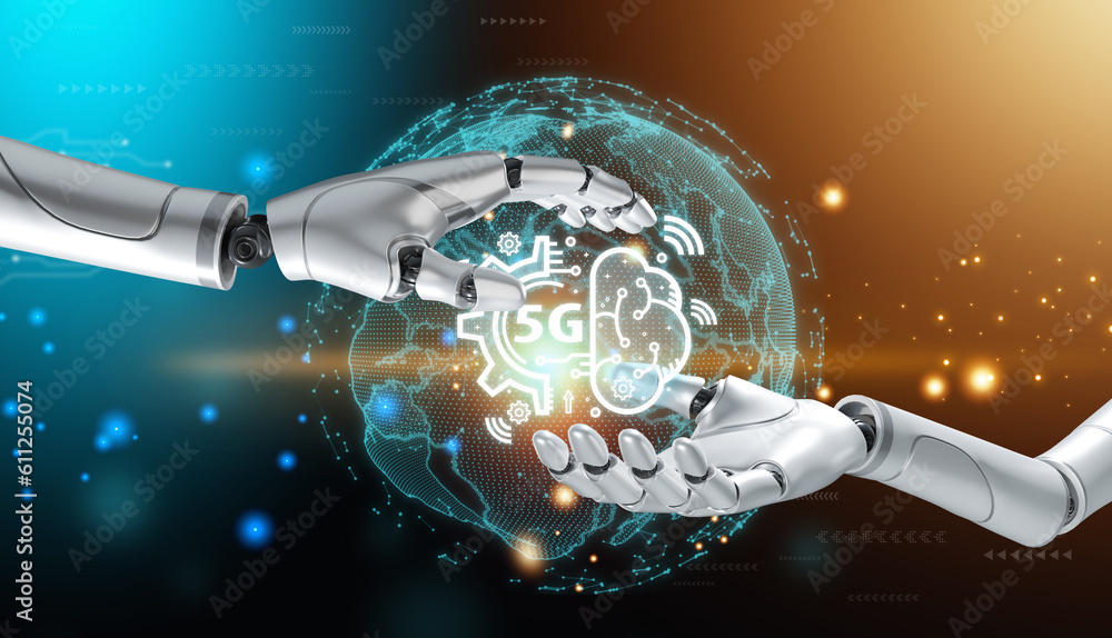 Poster robot android hand holding smart brain, cloud and 5g icon. 5g network digital hologram and internet 