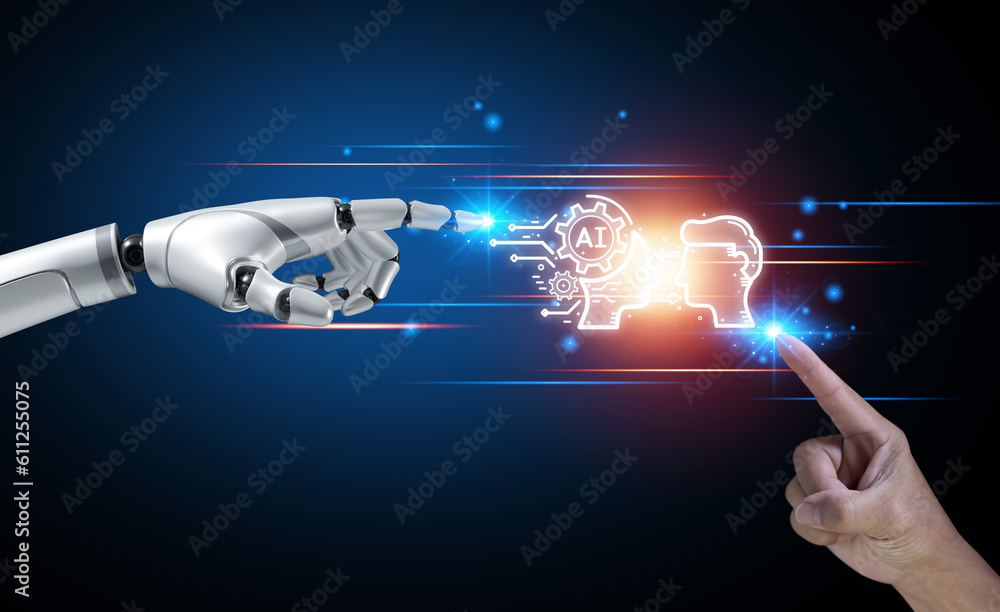 Poster robotic and human hand touching global virtual icon represents the exchange of artificial intelligen