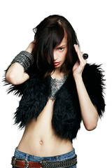 Fur coat, edgy woman and portrait isolated on transparent, png background for celebrity fashion and...