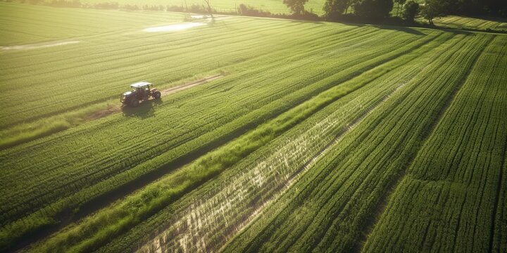 AI Generated. AI Generative. Green field with tractor combine. Beautiful farm landscape. Graphic Art