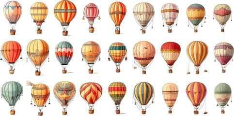 Colorful vintage hot air balloons, adventure vehicles white background