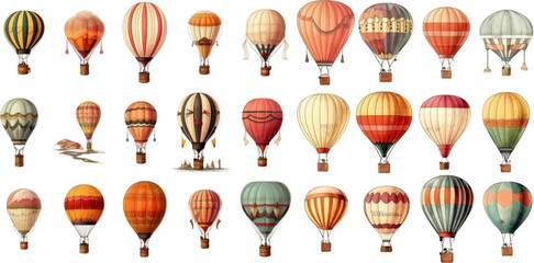 Colorful vintage hot air balloons, adventure vehicles white background