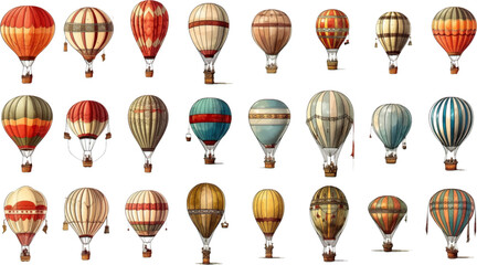 Colorful vintage hot air balloons, adventure vehicles white background