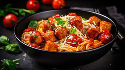 Spaghetti with meat balls in tomato sauce in a black bowl on a dark slate. Generative Ai