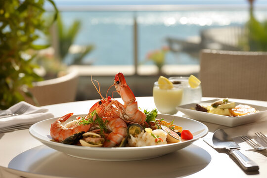 Prawns and Shrimps at a Beachside Restaurant - Fresh Coastal Delights - food photography - beachside view - beach side cafe - sea food - seafood restaurant