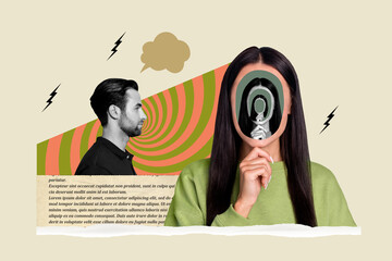 Dream magazine literacy template collage of freak woman with recursive face spying suspect guilt...