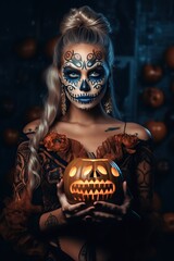 Portrait woman with sugar skull make up made with Generative AI