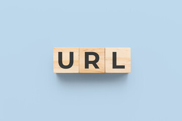URL (Uniform Resource Locator) wooden cubes on blue background