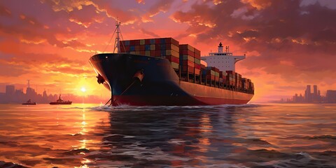 Fototapeta premium AI Generated. AI Generative. Cargo transport ship boat. Business sea nautical adventure trip travel. Graphic Art