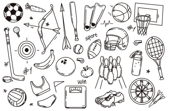 Hand drawn vector illustration set of sport doodle icons. Sports equipment and accessories with balls, racquet,helmet, flippers, scales, shoes, swimwear and healthy food. Collection of design elements