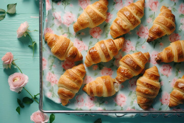 Breakfast with croissant and roses, seasonal summertime holiday background, blogger lifestyle created with generative ai tools