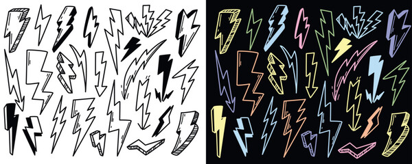 Hand drawn doodle lightning bolt signs set vector illustration. Different thunderbolts or electric discharges. Energy strike flash. Voltage warning symbols of electricity on black and white background