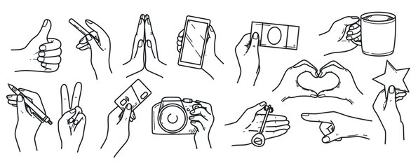 Vector doodle set of woman hands holding cup, pen, money, key, bank card, smartphone and cigarette. Hand drawing fingers showing peace sign, thumb up, pointing gesture and praying position.