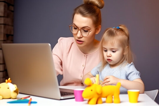 A young mother is working on a laptop at home, her little daughter is playing next to her. The concept of a working mom on maternity leave, a woman works online. AI Generative