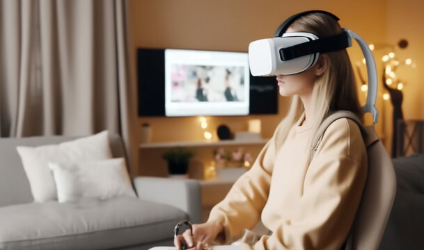 Young woman using reality headset for online shopping from home while sitting in stylish cozy living room. AI Generative