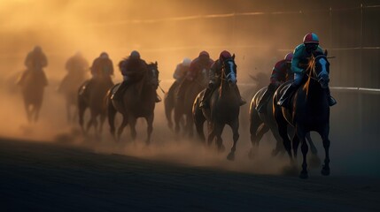 Obraz na płótnie Canvas Equestrian Sport of Horse Racing with Jockeys generated by AI