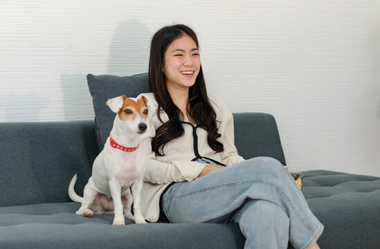 Asian young happy cheerful female owner sitting smiling on cozy sofa couch holding eating popcorn glass bowl snack watching movie with best friend companion dog white short hair jack russell terrier