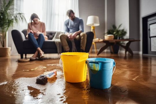 The Roof Is Leaking, The Pipe In The House Has Burst: Water Is Dripping Into The Blue And Yellow Buckets In The Living Room. Frustrated People In The Background. AI Generative