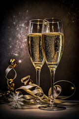 Ai generated illustration Two glasses of champange on dark background